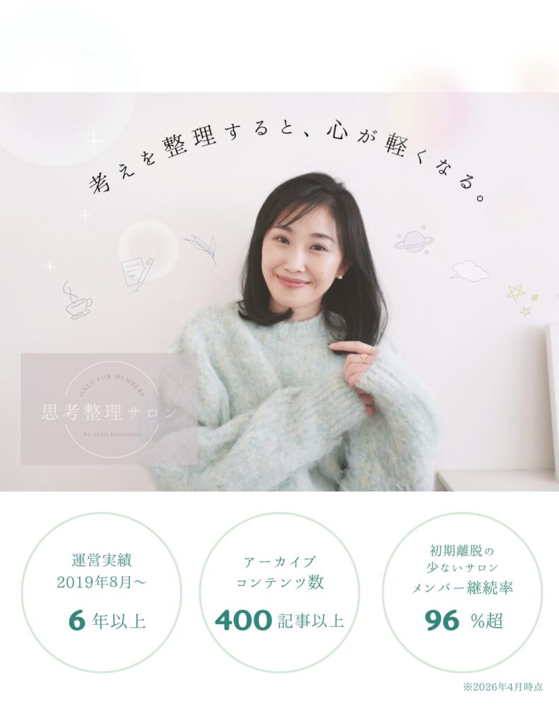 「考えを整理すると、心が軽くなる。」イメージ画像と思考整理サロンのロゴ
